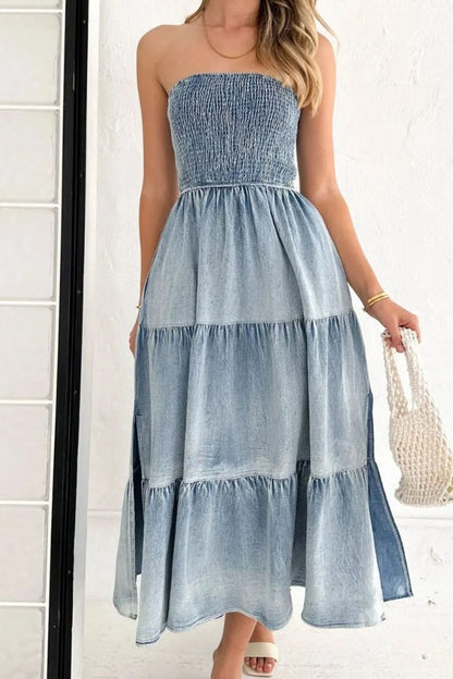 Smocked Tube Slit Tiered Denim Dress – Uneeque Designzz