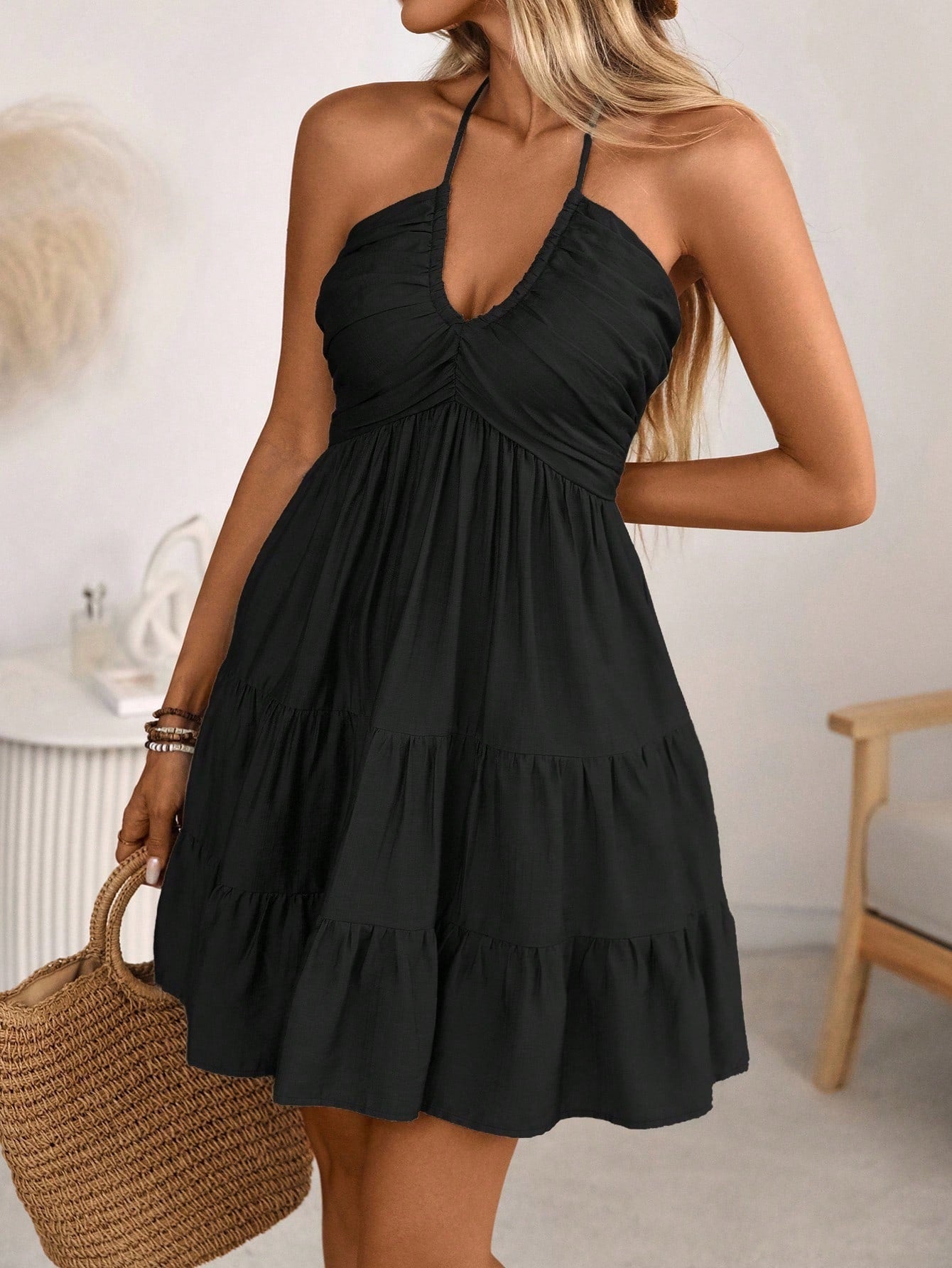 Smocked Halter Neck Tiered Dress by Trendsi