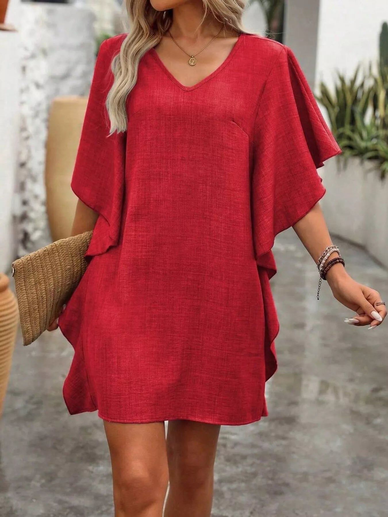 Ruffled Flutter Sleeve V-Neck Mini Dress by Trendsi