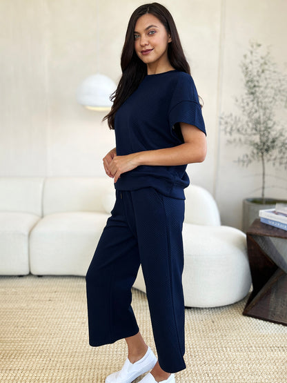 Double Take Full Size Texture Short Sleeve Top and Pants Set – Uneeque Designzz