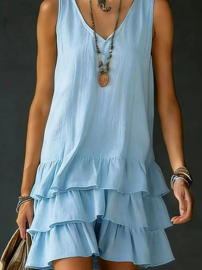 Plus Size Tiered Ruffled Hem V-Neck Sleeveless Dress Polyester – Uneeque Designzz