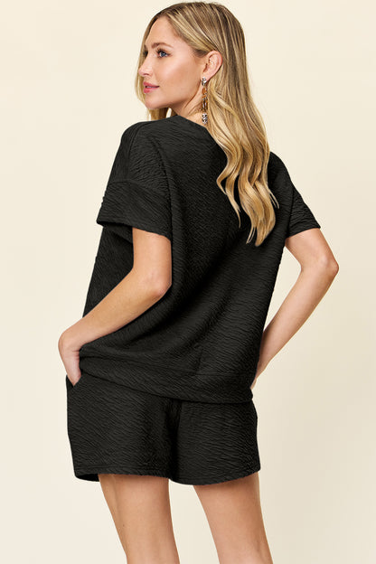 Double Take Full Size Texture Short Sleeve T-Shirt and Drawstring Shorts Set – Uneeque Designzz