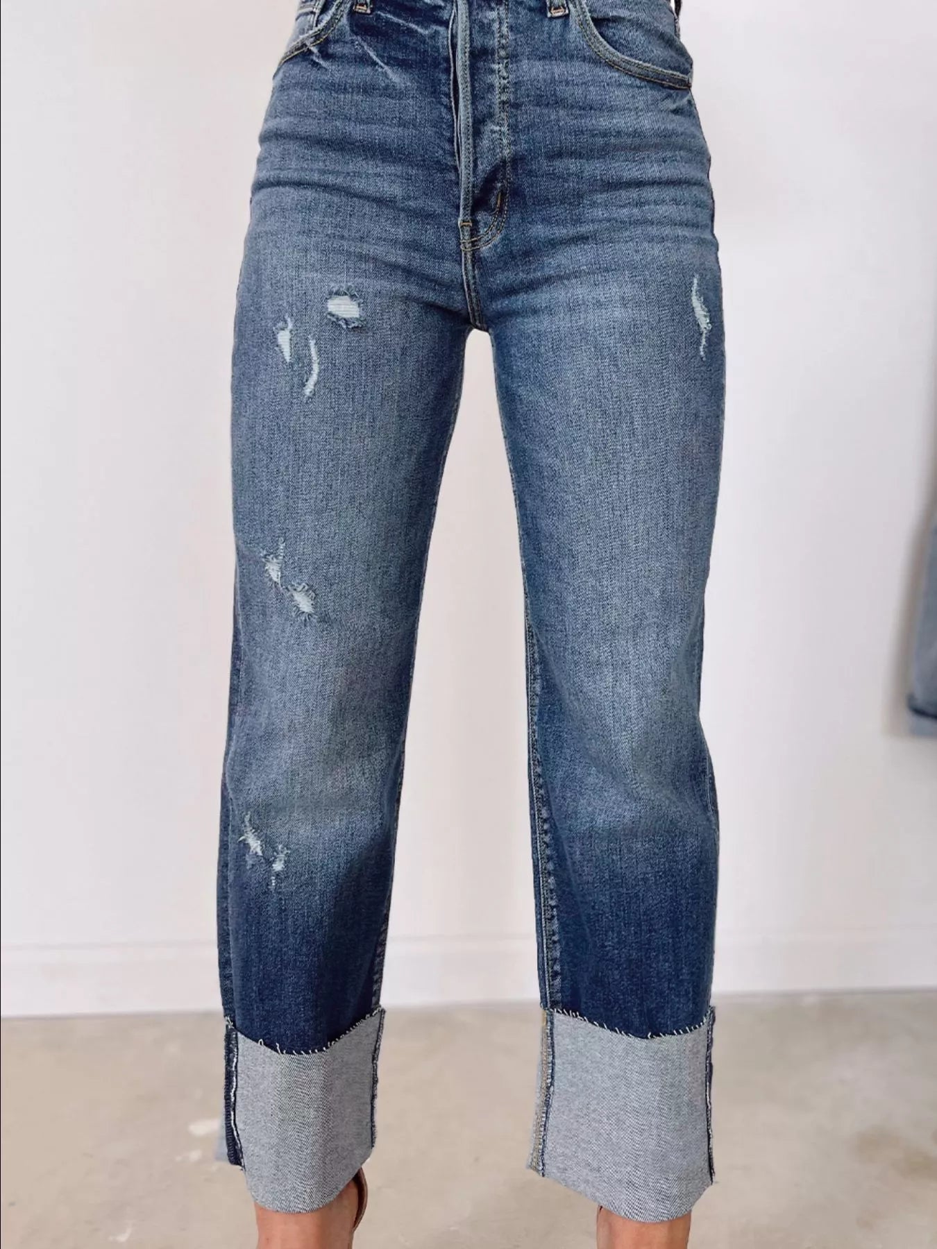 High Waist Distressed Straight Leg Jeans by Trendsi