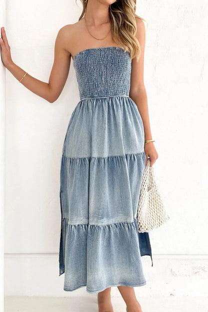 Smocked Tube Slit Tiered Denim Dress – Uneeque Designzz