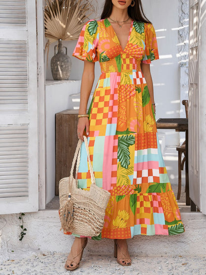 Devine Smocked Printed V-Neck Short Sleeve Maxi Dress – Uneeque Designzz