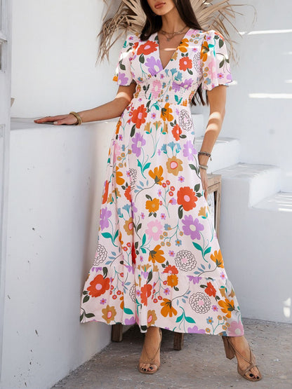 Devine Smocked Printed V-Neck Short Sleeve Maxi Dress – Uneeque Designzz