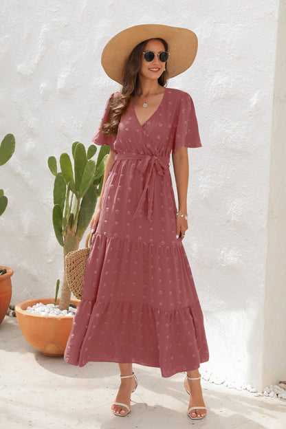 Swiss Dot Tied Surplice Short Sleeve Dress – Uneeque Designzz