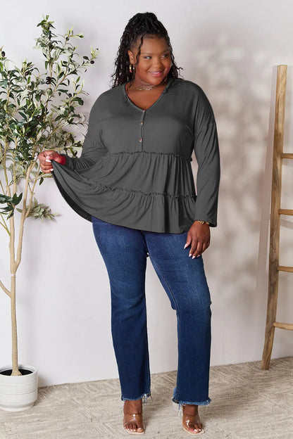 Double Take Half Button Long Sleeve Ruffle Hem Blouse – Uneeque Designzz