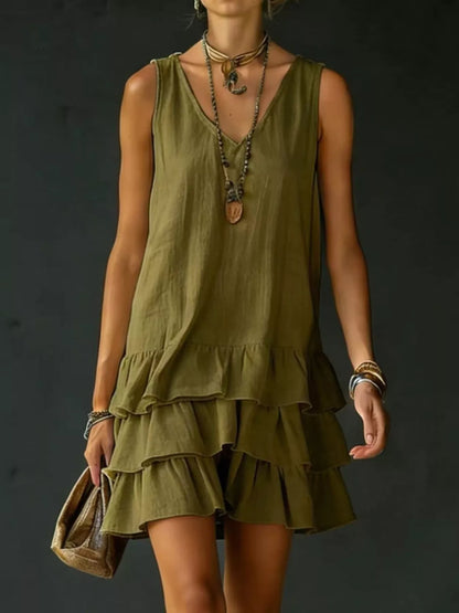 Plus Size Tiered Ruffled Hem V-Neck Sleeveless Dress Polyester – Uneeque Designzz