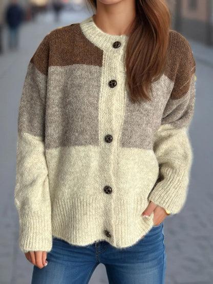 Women's Color Block Button-Up Round Neck Knit Cardigan – Uneeque Designzz