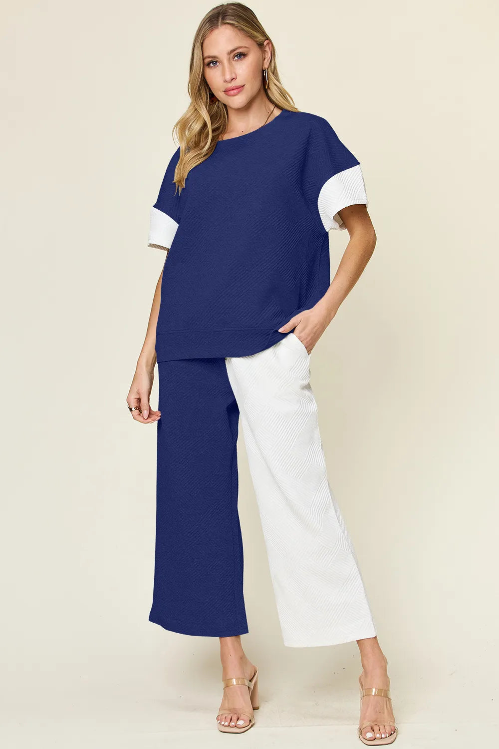 Double Take Full Size Texture Contrast T-Shirt and Wide Leg Pants Set by Trendsi