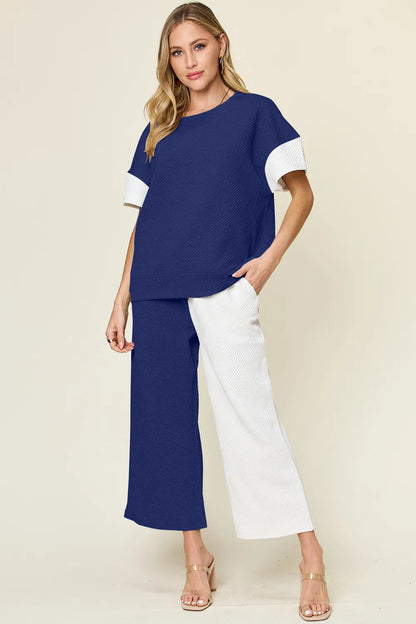 Double Take Full Size Texture Contrast T-Shirt and Wide Leg Pants Set – Uneeque Designzz