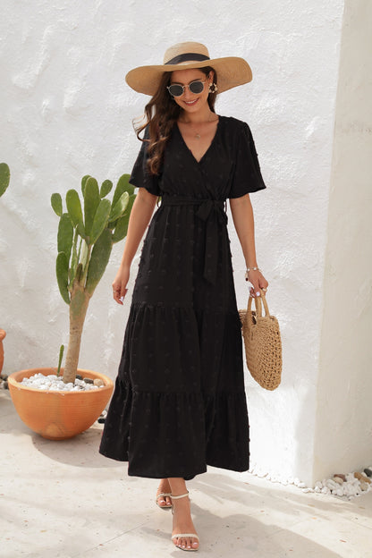 Swiss Dot Tied Surplice Short Sleeve Dress – Uneeque Designzz