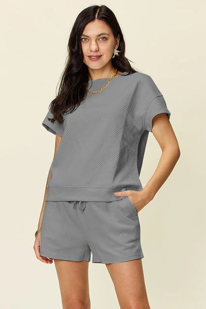 Double Take Full Size Texture Short Sleeve T-Shirt and Drawstring Shorts Set – Uneeque Designzz
