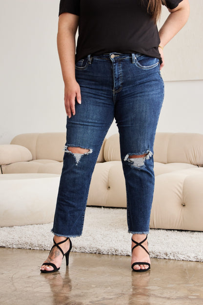 RFM Crop Dylan Full Size Tummy Control Distressed High Waist Raw Hem Jeans – Uneeque Designzz