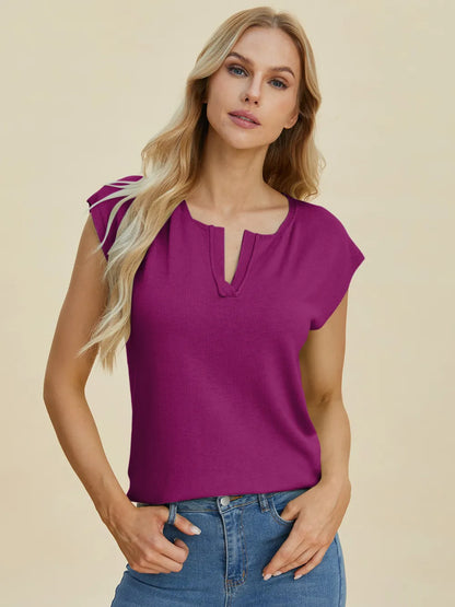 Double Take Full Size Notched Cap Sleeve Knit Top – Uneeque Designzz