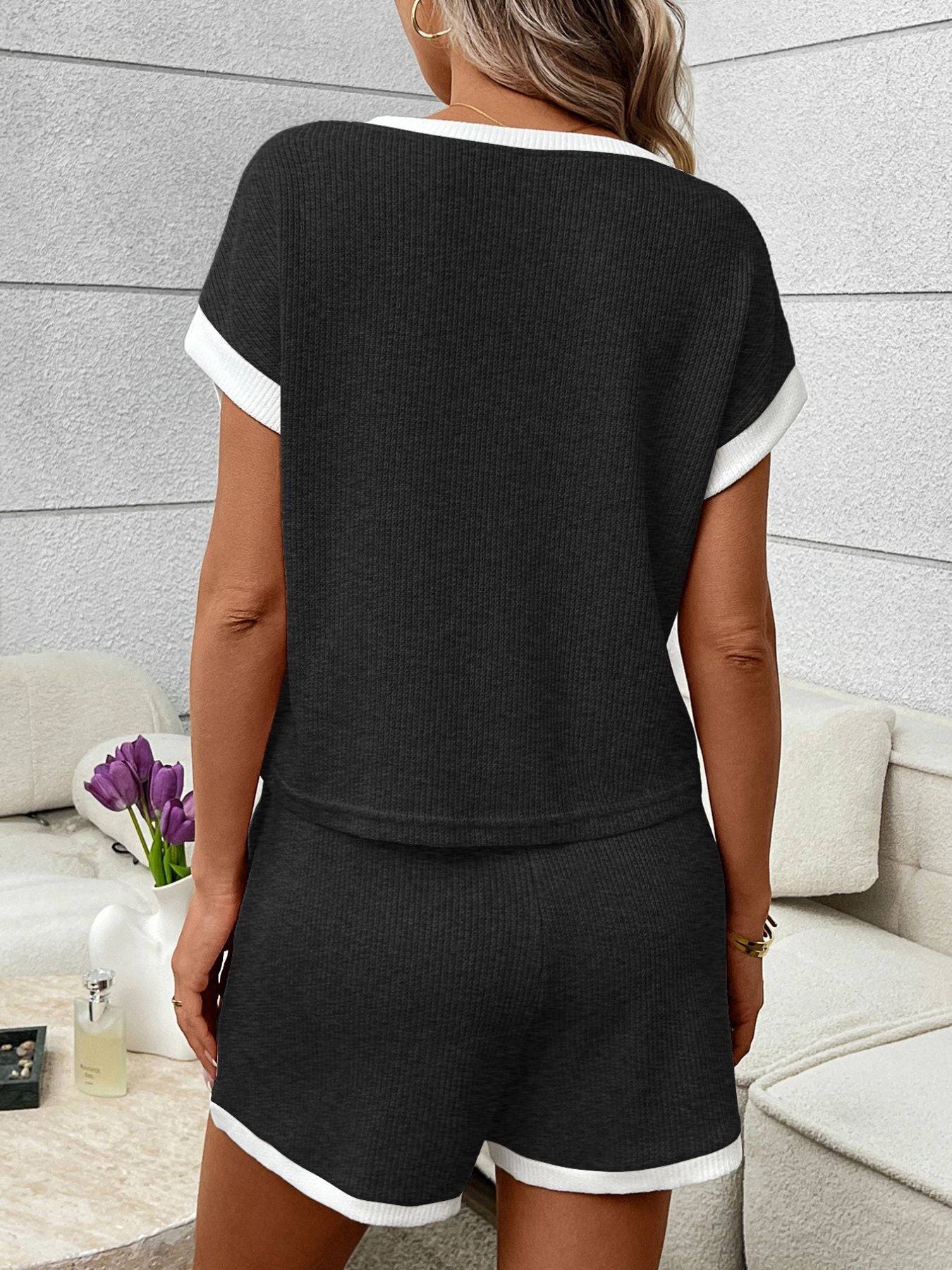 Contrast Trim Short Sleeve Top and Shorts Set by Trendsi