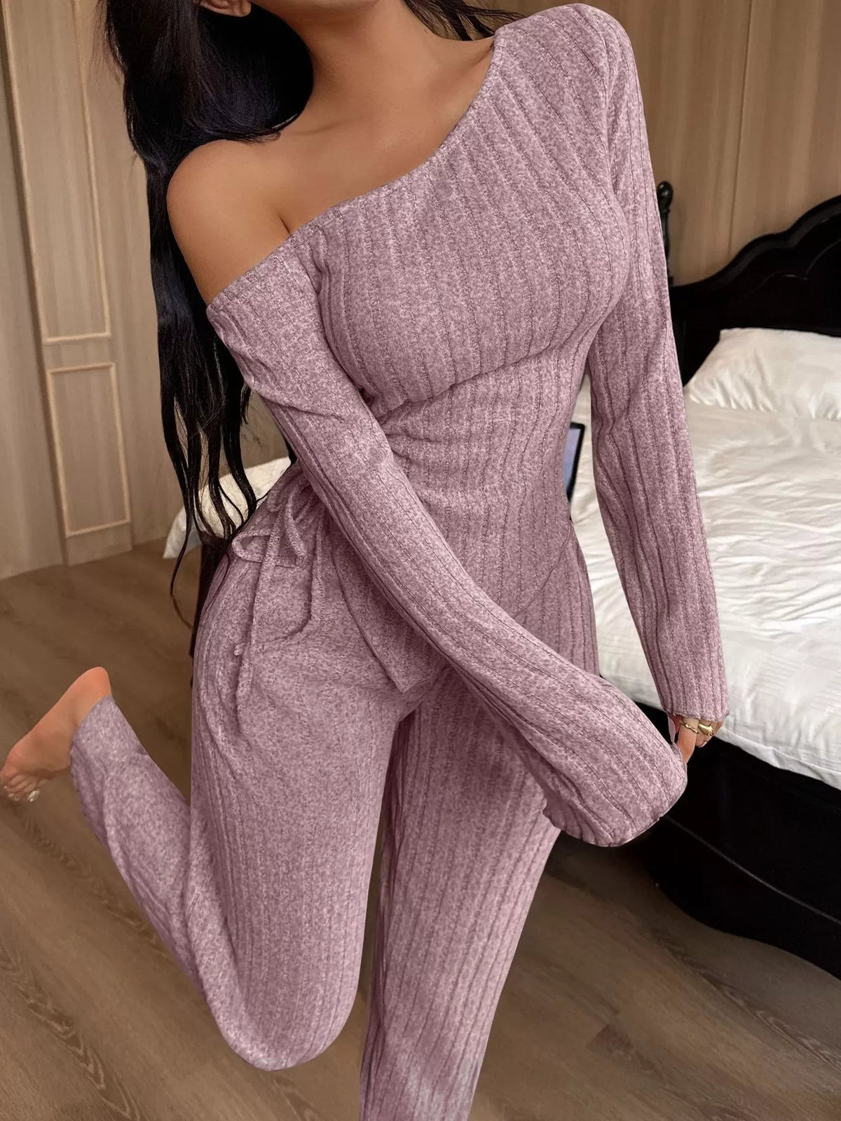 One-Shoulder Ribbed Knit Top and Pants Set by Trendsi