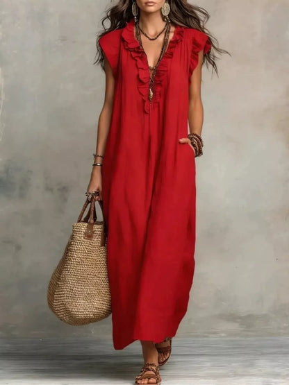 Full Size Ruffled V-Neck Cap Sleeve Maxi Dress Plus Size – Uneeque Designzz