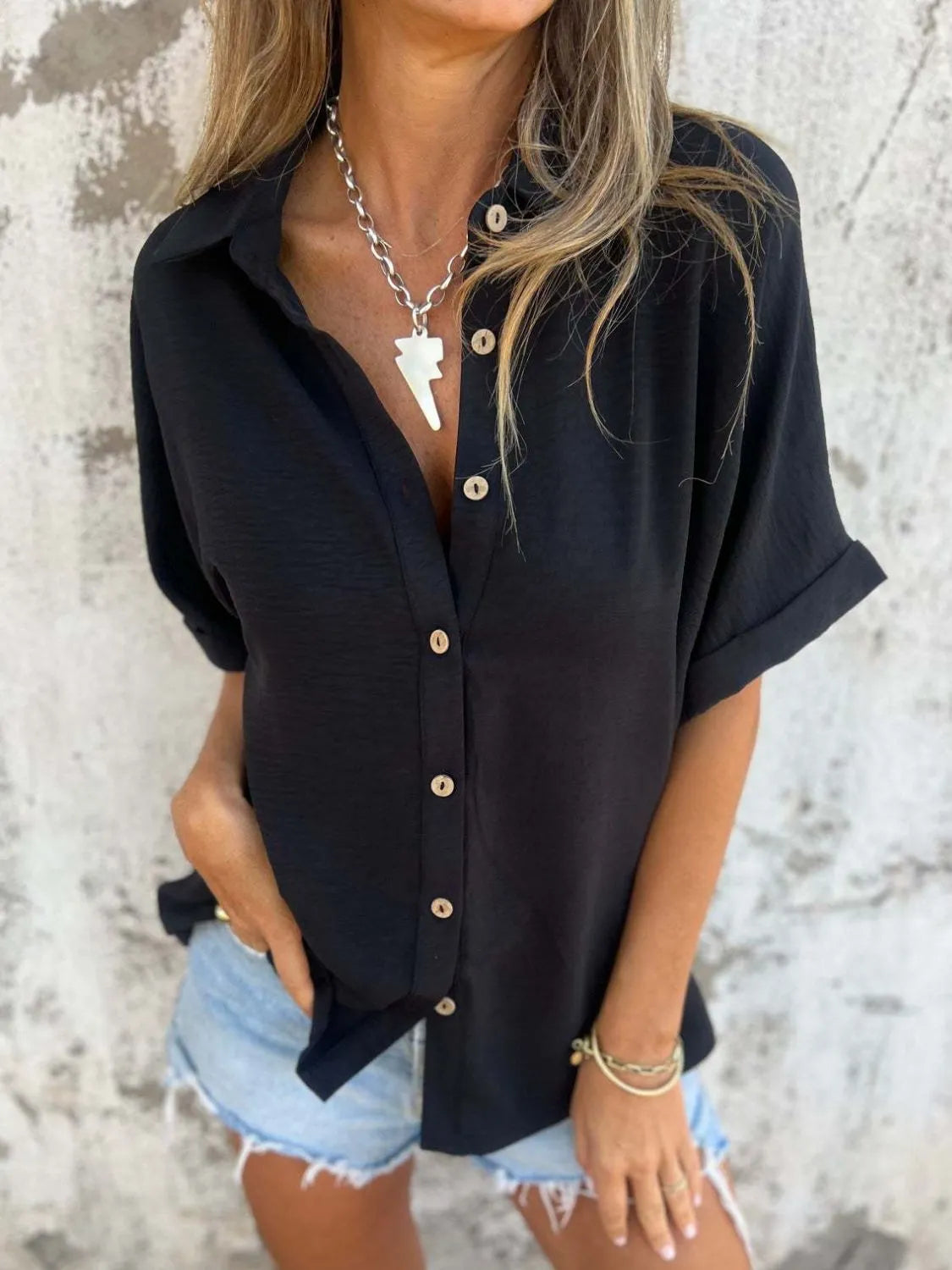 Full Size Collared Neck Half Sleeve Shirt Plus Size by Trendsi