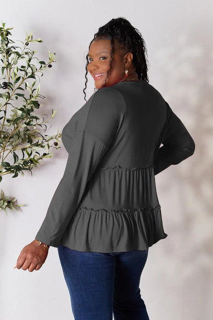 Double Take Half Button Long Sleeve Ruffle Hem Blouse – Uneeque Designzz