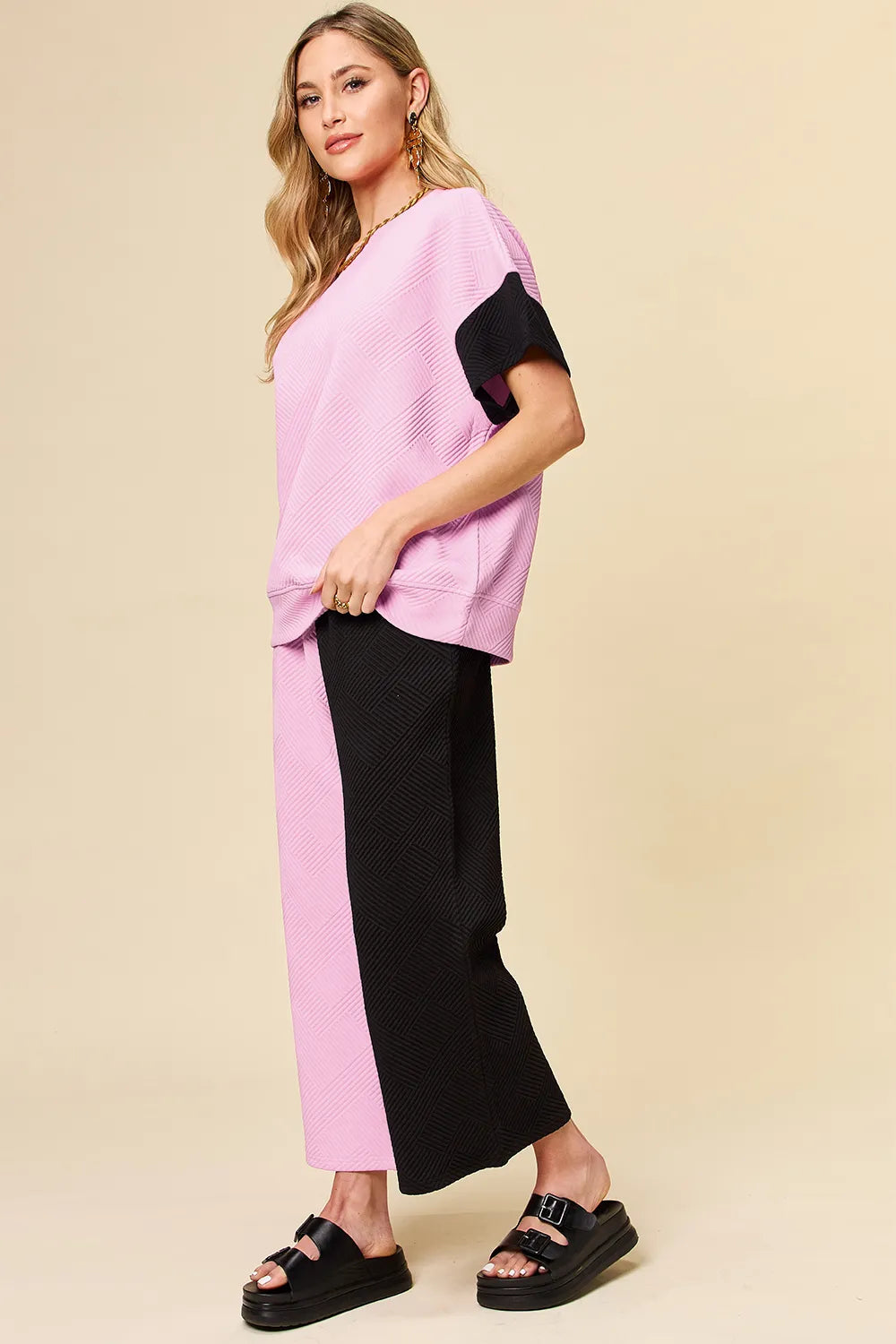 Double Take Full Size Texture Contrast T-Shirt and Wide Leg Pants Set by Trendsi