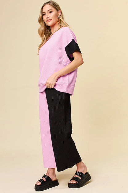 Double Take Full Size Texture Contrast T-Shirt and Wide Leg Pants Set – Uneeque Designzz