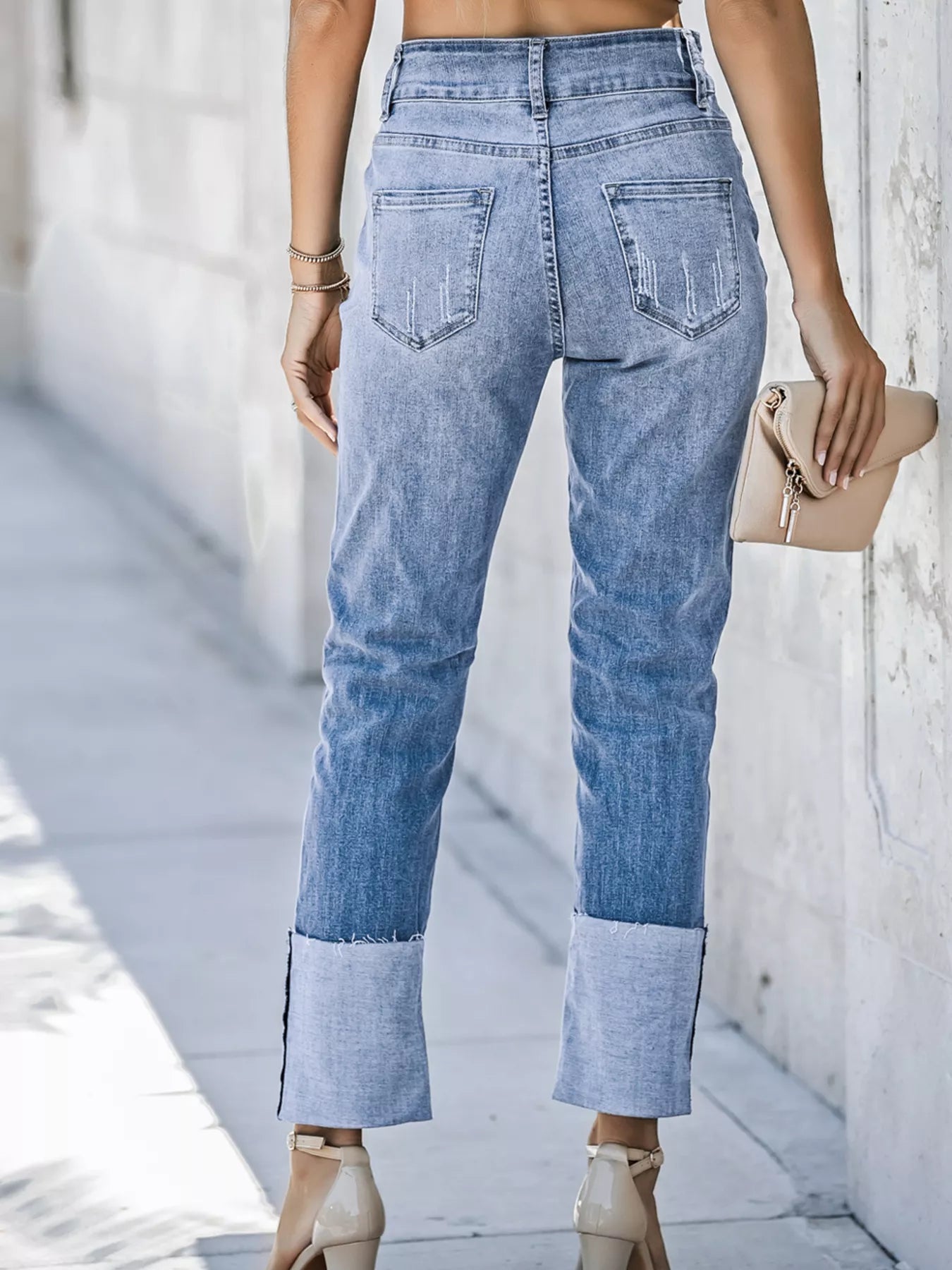 High Waist Distressed Straight Leg Jeans by Trendsi