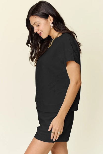 Double Take Full Size Texture Short Sleeve T-Shirt and Drawstring Shorts Set – Uneeque Designzz