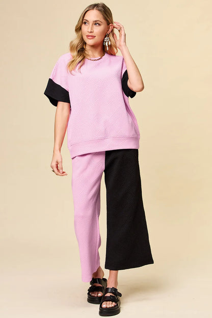 Double Take Full Size Texture Contrast T-Shirt and Wide Leg Pants Set – Uneeque Designzz