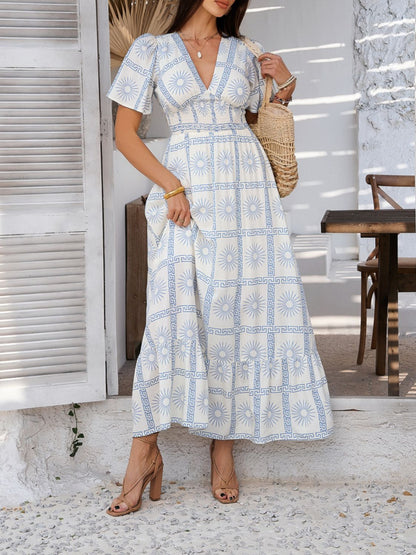 Devine Smocked Printed V-Neck Short Sleeve Maxi Dress – Uneeque Designzz