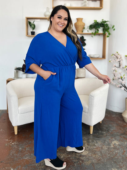 Double Take Full Size Surplice Wide Leg Jumpsuit with Pockets – Uneeque Designzz