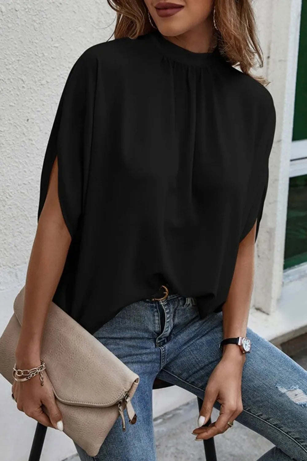 Tie Back Slit Half Sleeve Blouse by Trendsi