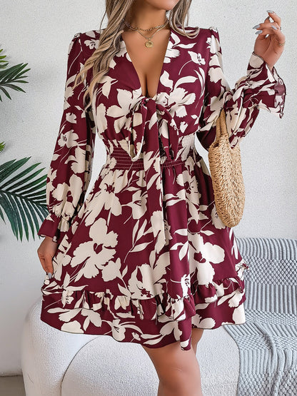 Tied Ruffled Printed Long Sleeve Dress – Uneeque Designzz