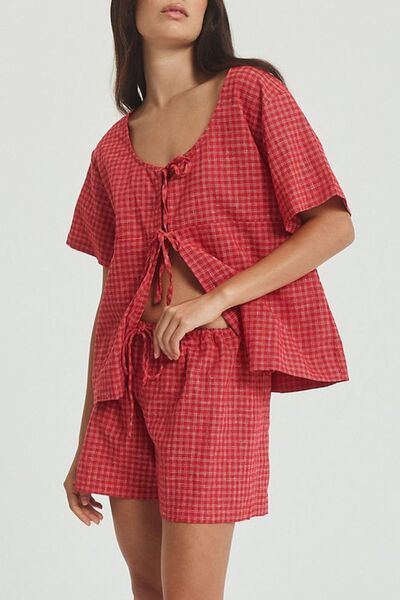 Plaid Tied Scoop Neck Short Sleeve Top and Drawstring Shorts Set – Uneeque Designzz
