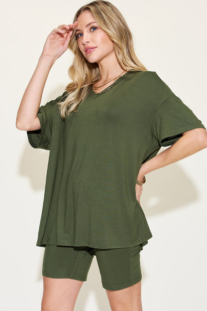 Basic Bae Full Size V-Neck Drop Shoulder T-Shirt and Shorts Set – Uneeque Designzz