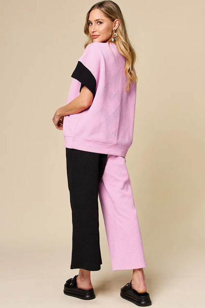 Double Take Full Size Texture Contrast T-Shirt and Wide Leg Pants Set – Uneeque Designzz