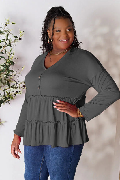Double Take Half Button Long Sleeve Ruffle Hem Blouse – Uneeque Designzz