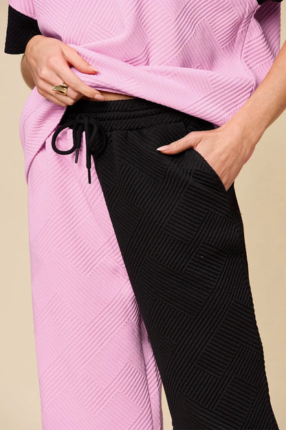 Double Take Full Size Texture Contrast T-Shirt and Wide Leg Pants Set – Uneeque Designzz