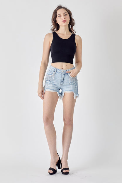 RISEN Frayed Hem Denim Shorts with Fringe Detail Pockets – Uneeque Designzz