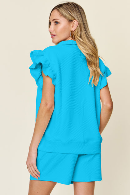 Double Take Full Size Texture Flounce Sleeve Top and Drawstring Shorts Set – Uneeque Designzz