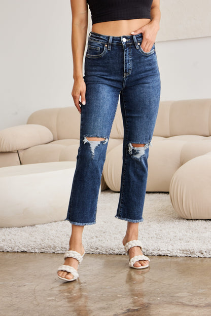 RFM Crop Dylan Full Size Tummy Control Distressed High Waist Raw Hem Jeans – Uneeque Designzz