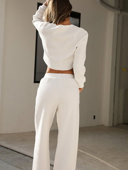 Waffle-Knit Round Neck Top and Pants Set – Uneeque Designzz