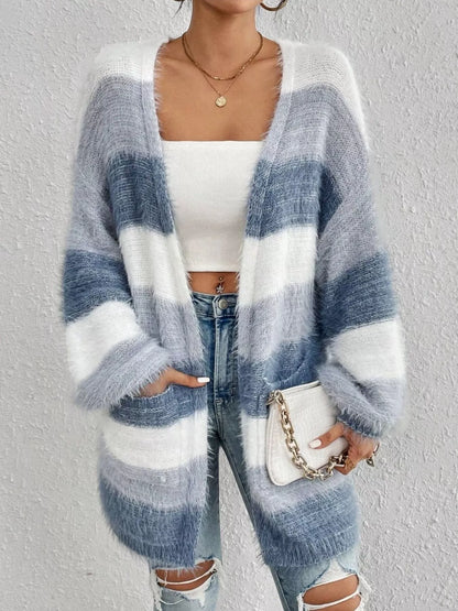 Striped Fuzzy Knit Pocketed Open-Front Casual Soft Cardigan – Uneeque Designzz