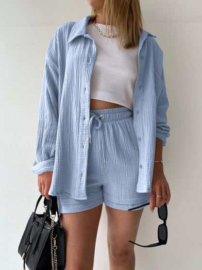 Texture Button-Up Shirt and Drawstring Shorts Set – Uneeque Designzz