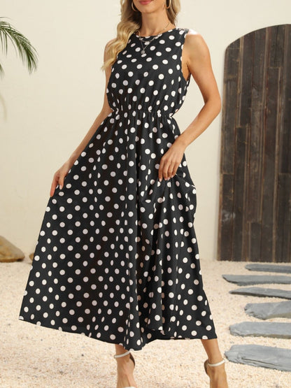 Polka Dot Round Neck Sleeveless Midi Dress – Uneeque Designzz