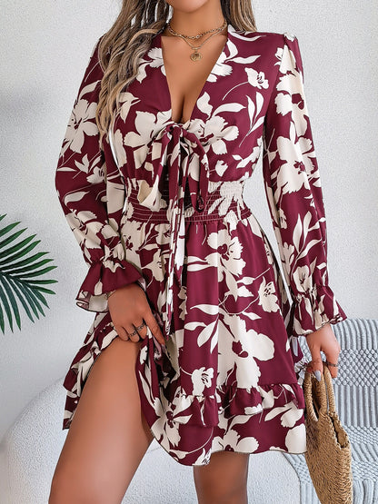 Tied Ruffled Printed Long Sleeve Dress – Uneeque Designzz