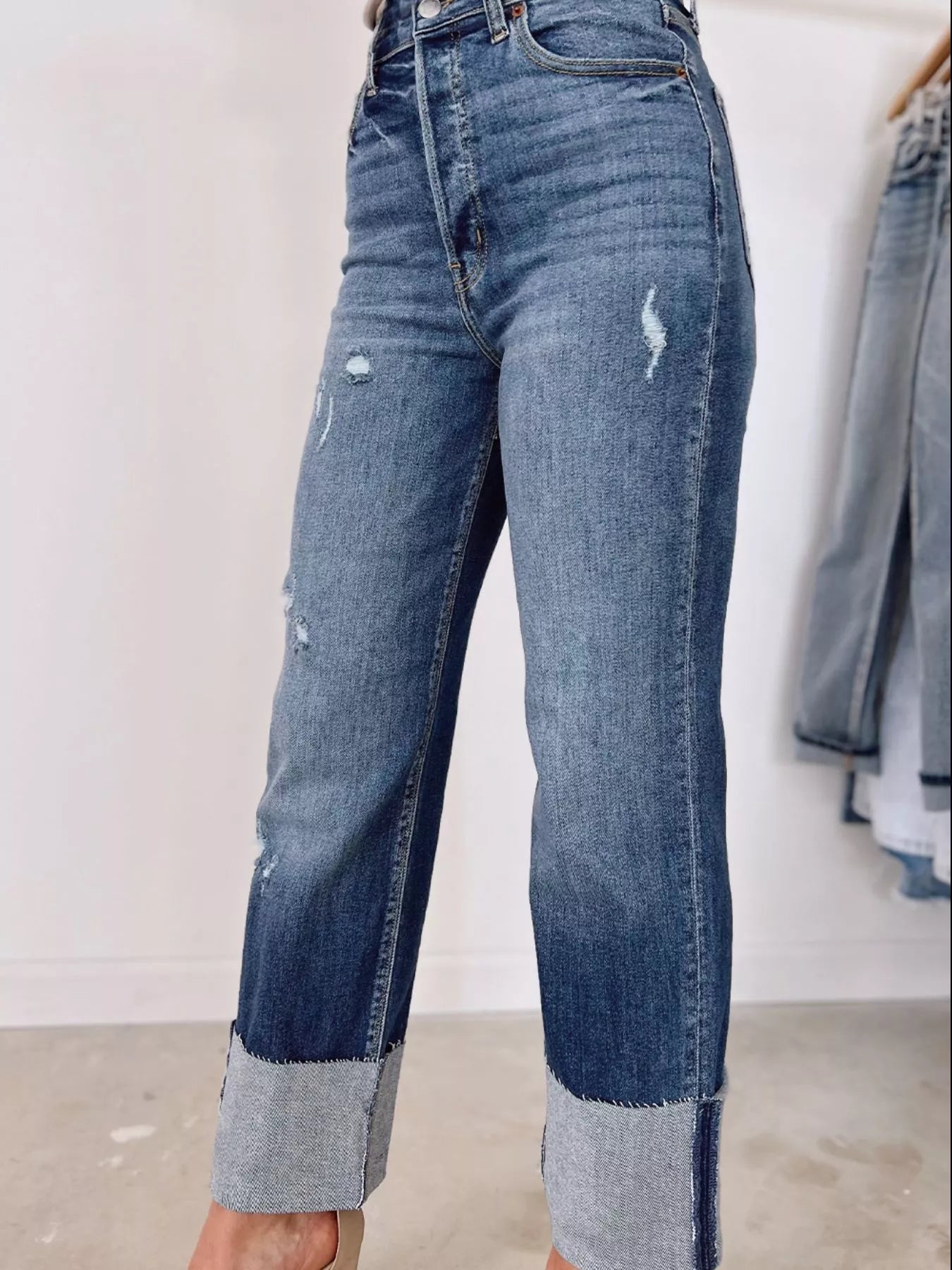 High Waist Distressed Straight Leg Jeans by Trendsi
