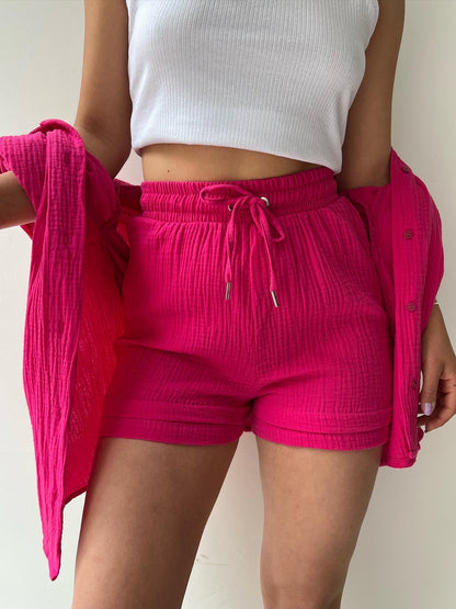Texture Button-Up Shirt and Drawstring Shorts Set – Uneeque Designzz