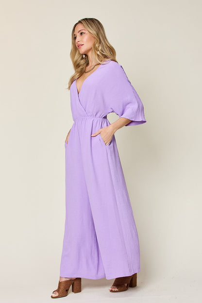 Double Take Full Size Surplice Wide Leg Jumpsuit with Pockets – Uneeque Designzz